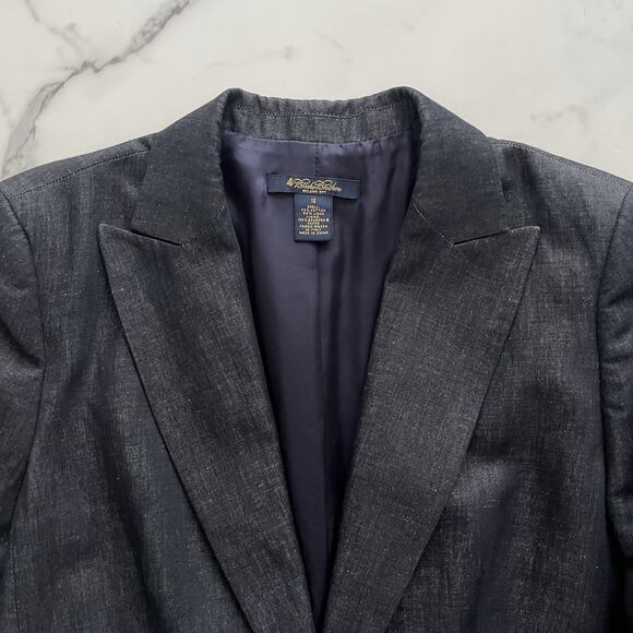 Brooks Brothers Linen Blazer Denim Blue Size 12 Preppy Nautical Logo Chic jacket - Picture 5 of 11